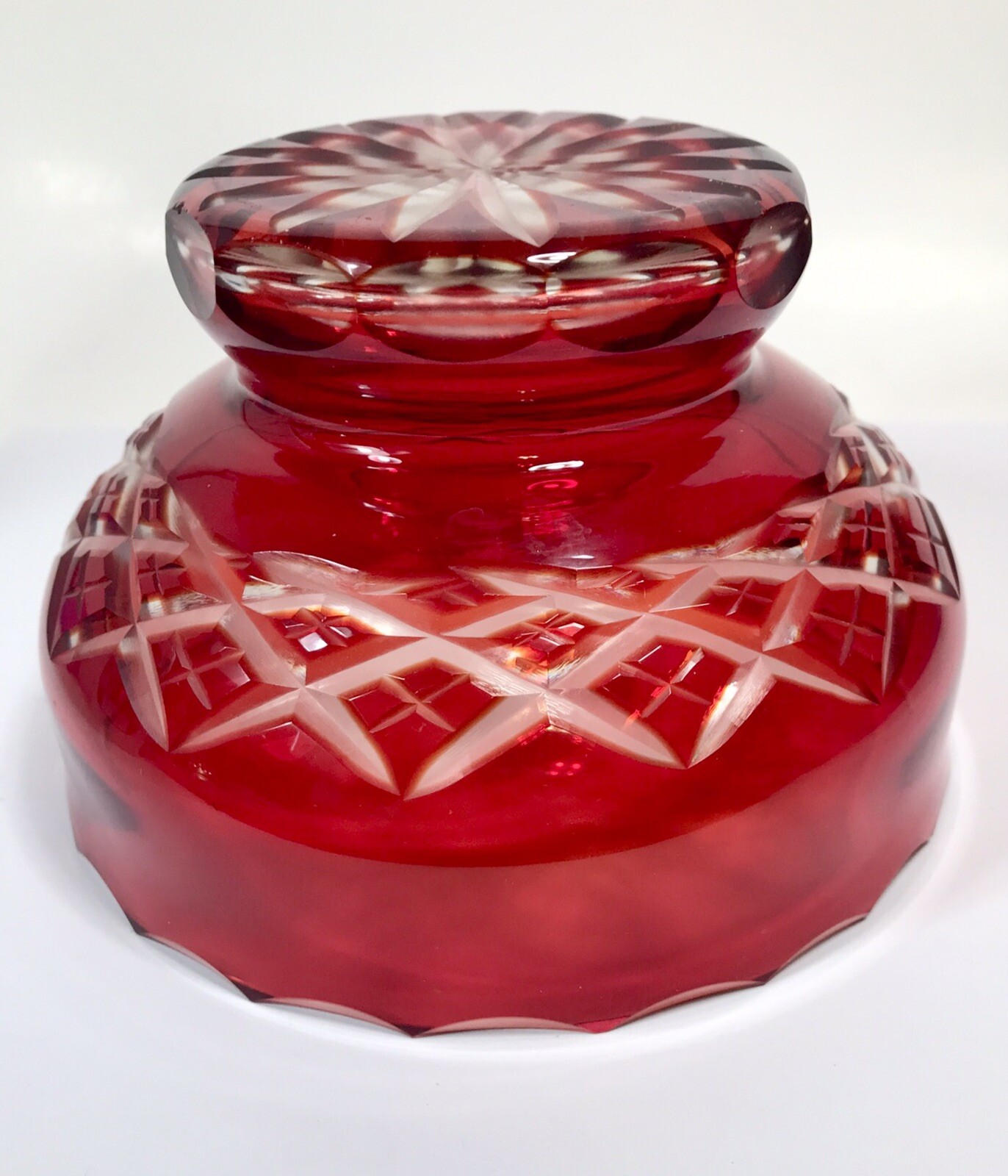 Ruby Red Cut To Clear Glass Footed Bowl Vase Decor 5.25 In Wide Vintage E25