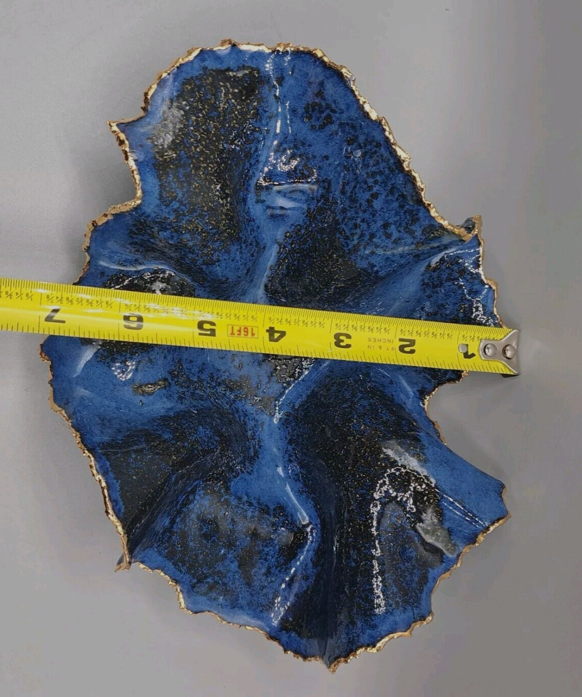 Freeform handkerchief Pottery Bowl Blue Unsigned Cobalt/Gold Trim OrganicTexture