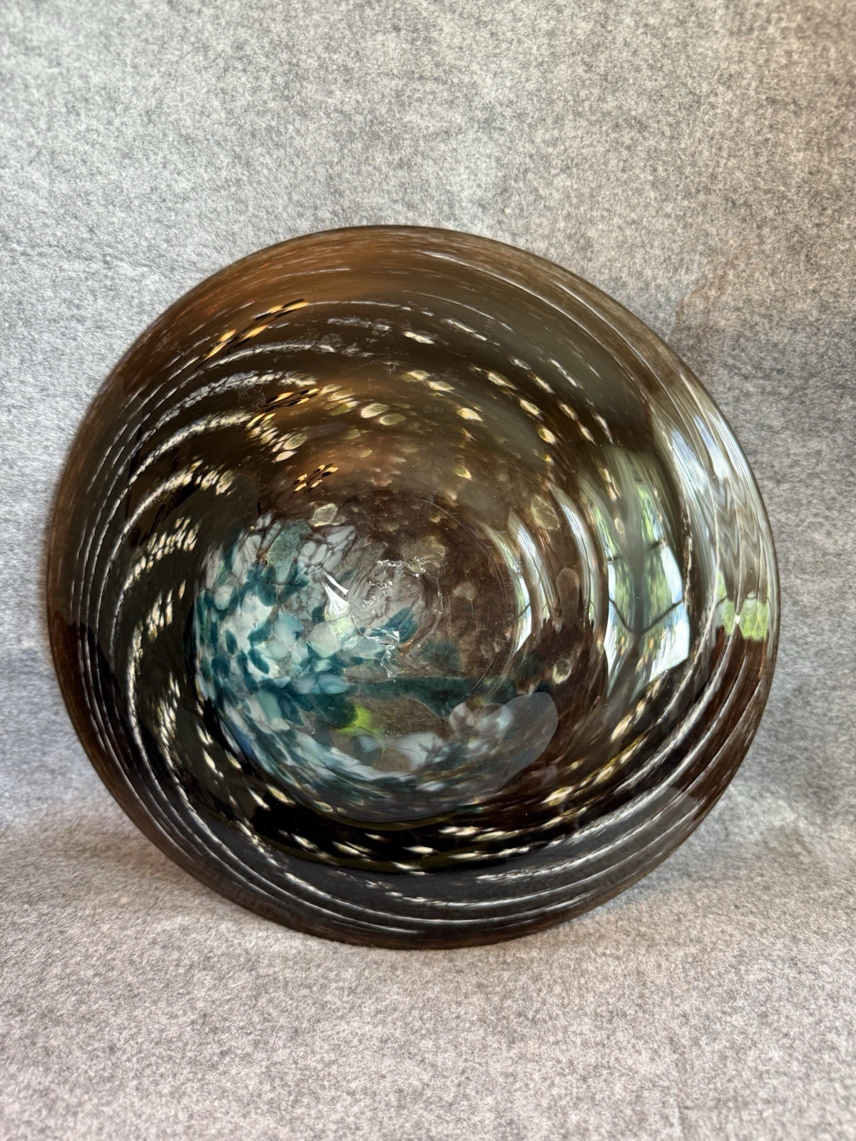 Contemporary Piece Of Art Glass Featuring A Swirling Design Brown, Blue & Yellow
