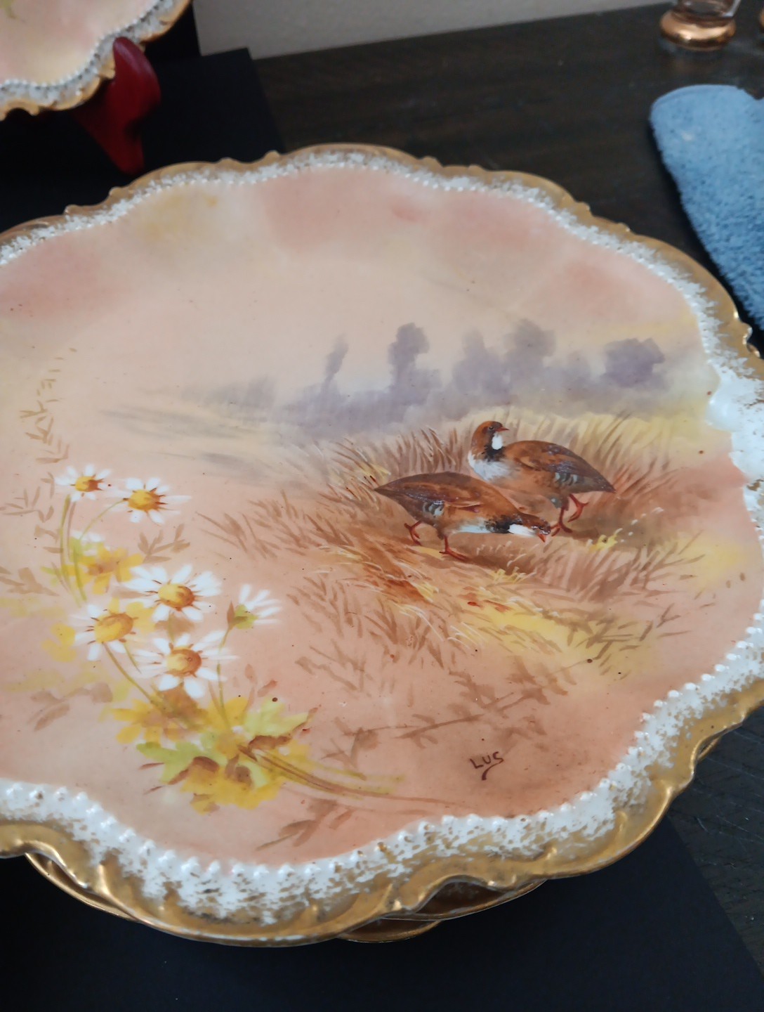11 Antique 1906 Limoge Game Plate Set Coronet Signed LUC Sauce Bowls HP