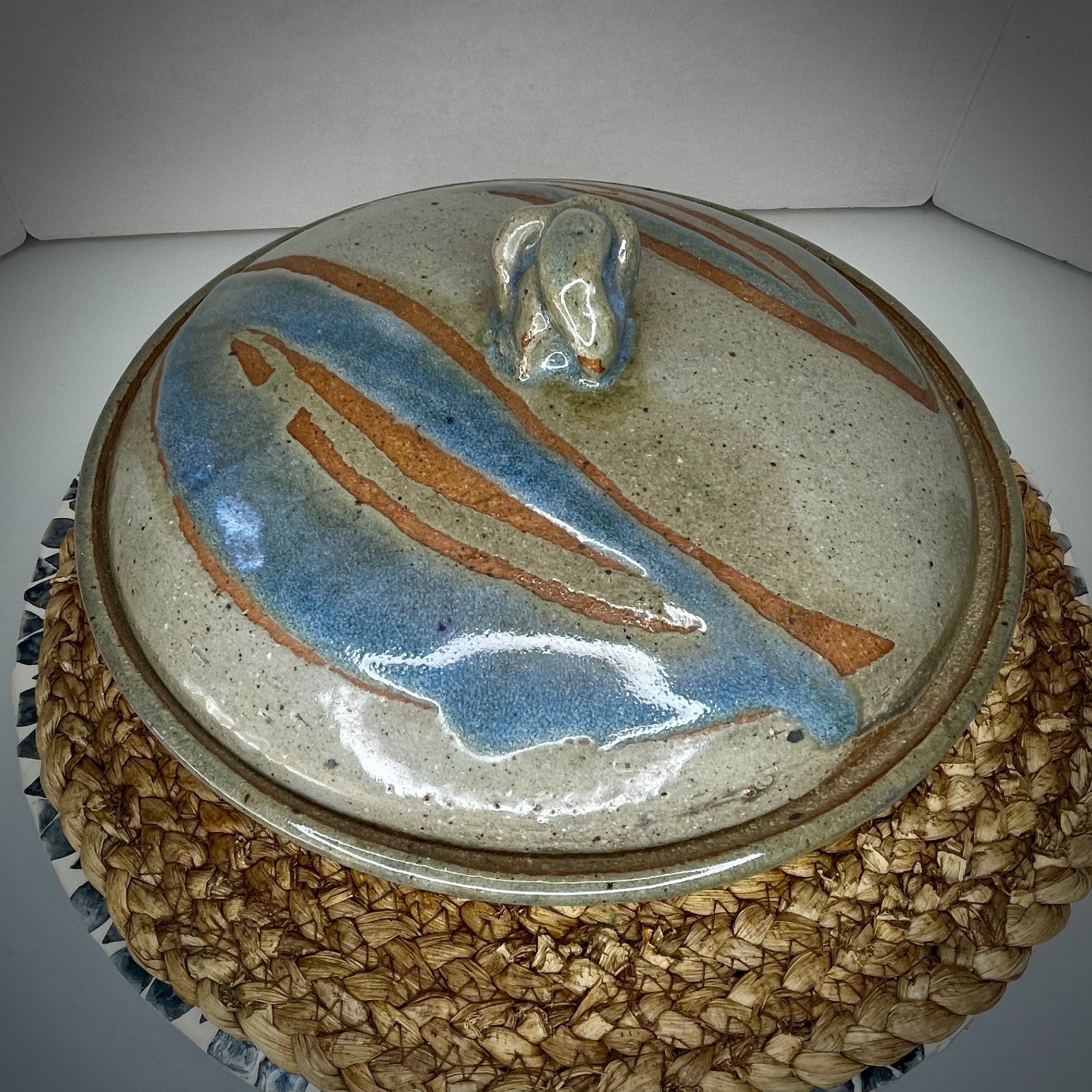 Stoneware Lidded Serving Dish Crock Rustic Pottery Blue Tan Gray Handmade Signed