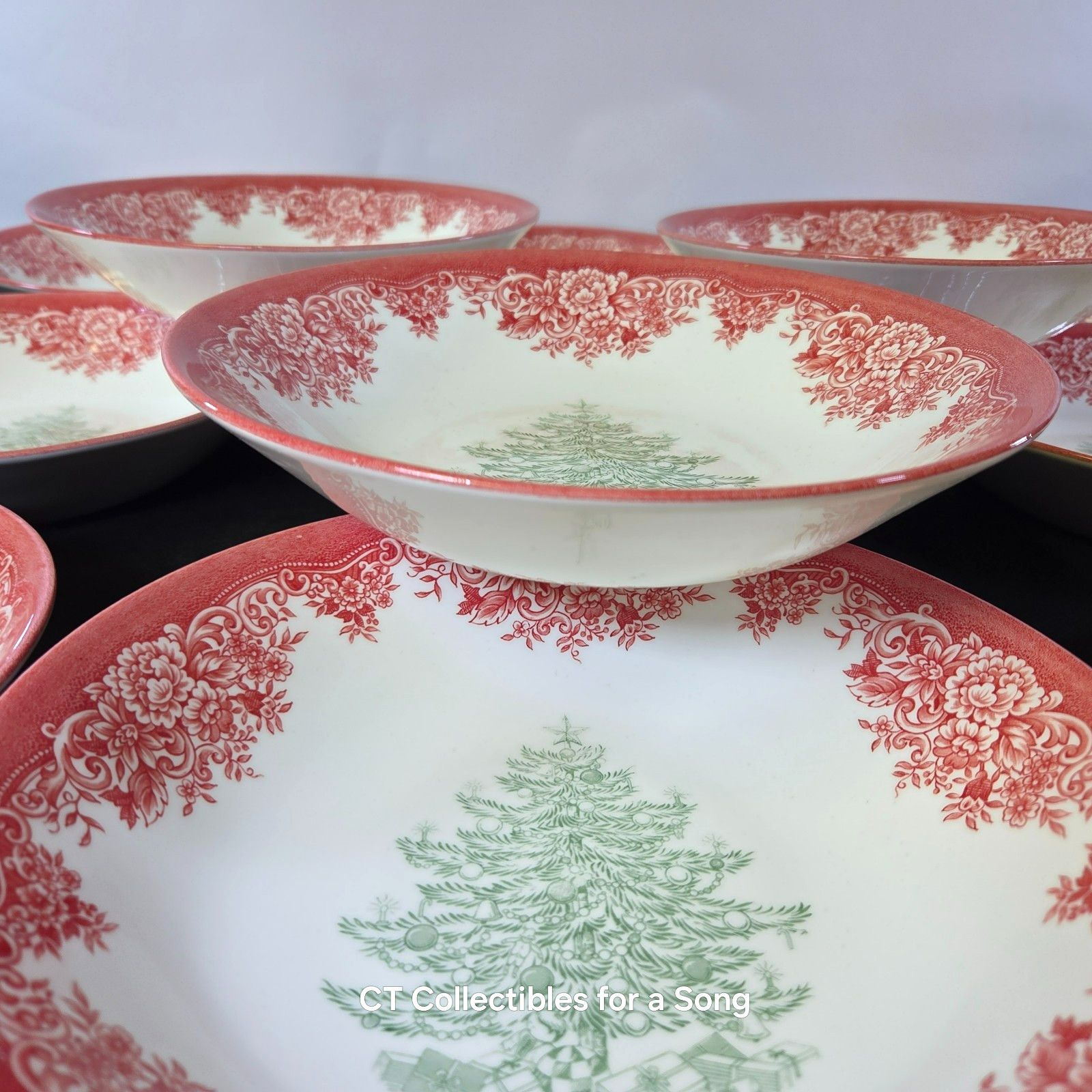 NEW Set 12 Royal Stafford Red Green Christmas Tree Pasta Bowls 9″ In Box Holiday