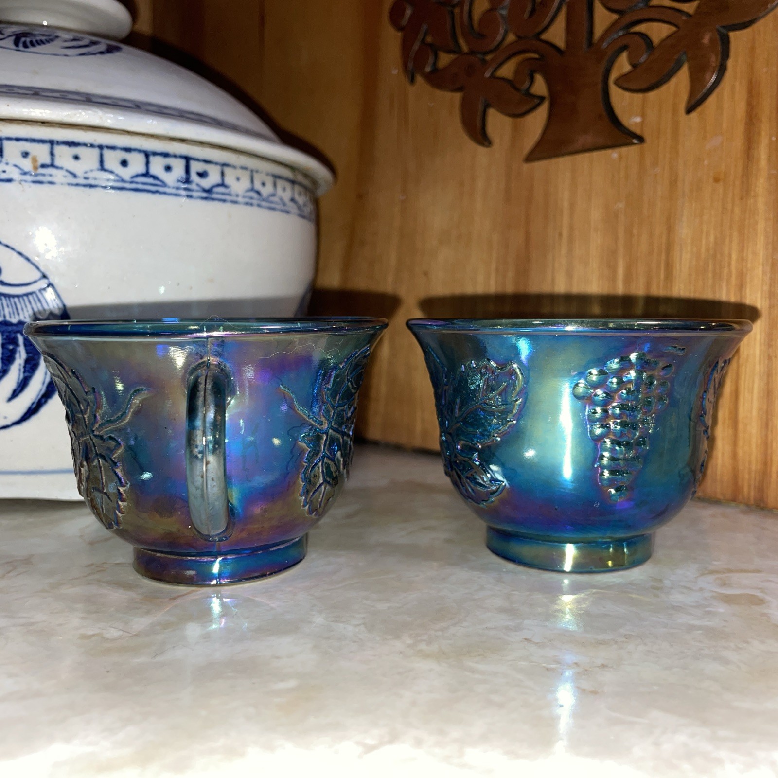 2 – Vintage Iridescent Blue Indiana Carnival Glass Grape Harvest Punch Cups