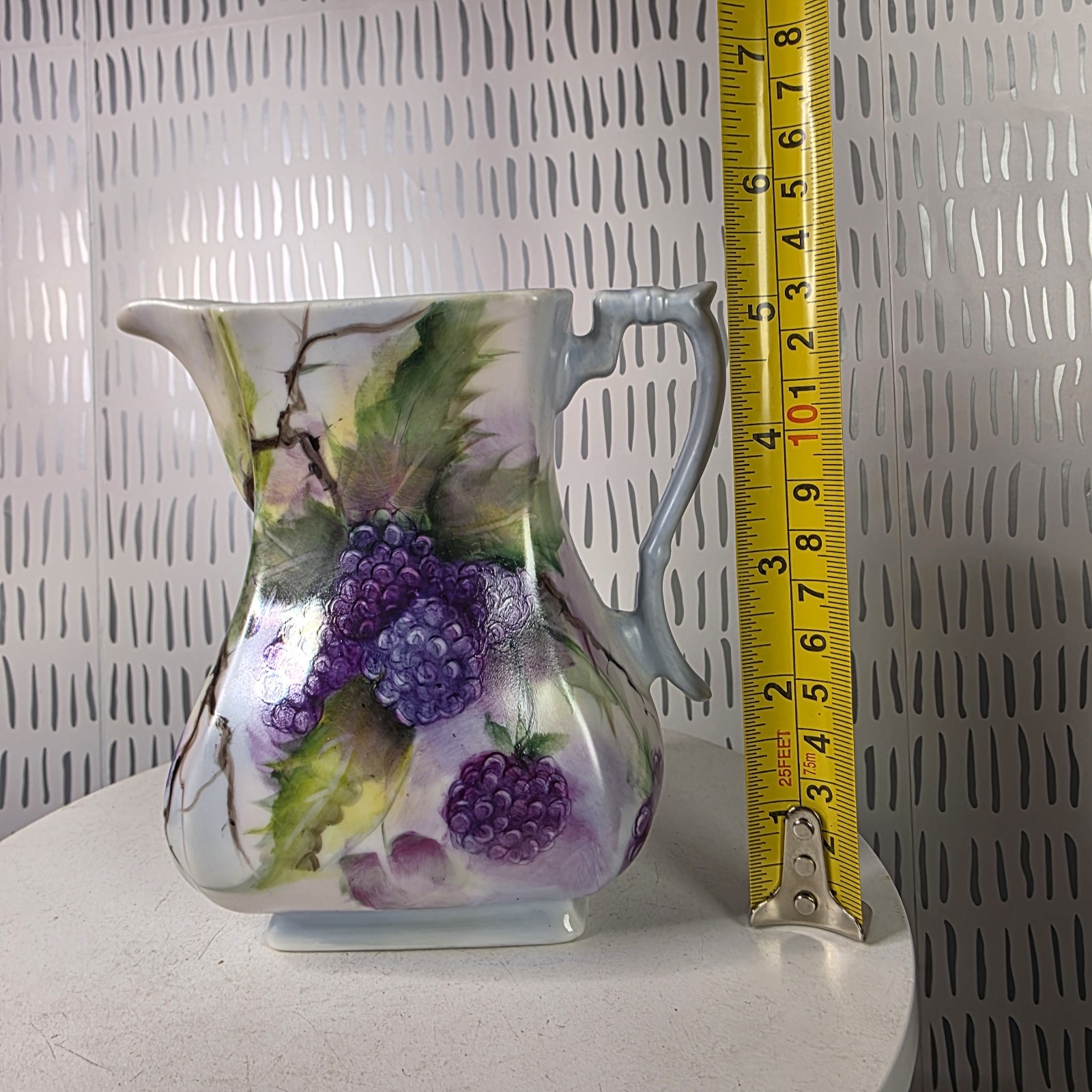 Vintage Artist Signed Hand Painted Porcelain Pitcher & Tray Blackberry Grape