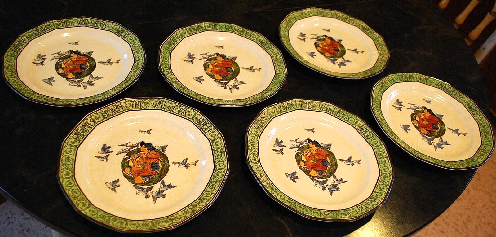 RARE Antique Set 6 Royal Doulton PIPING DOWN THE VALLEYS WILD Plates c1911 8.5″
