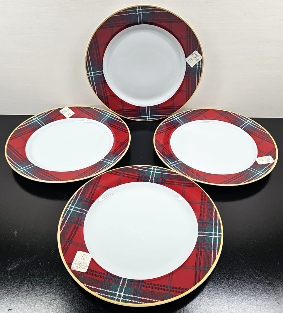 4) Williams Sonoma Gold Banded Tartan Dinner Plates Set Plaid Serving Dishes Lot