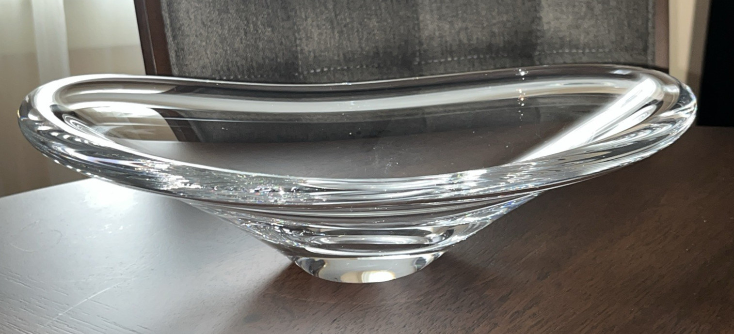 Scandinavian MCM Style Blown Glass Oblong Clear Bowl 13” X 7” X 2.5-3″