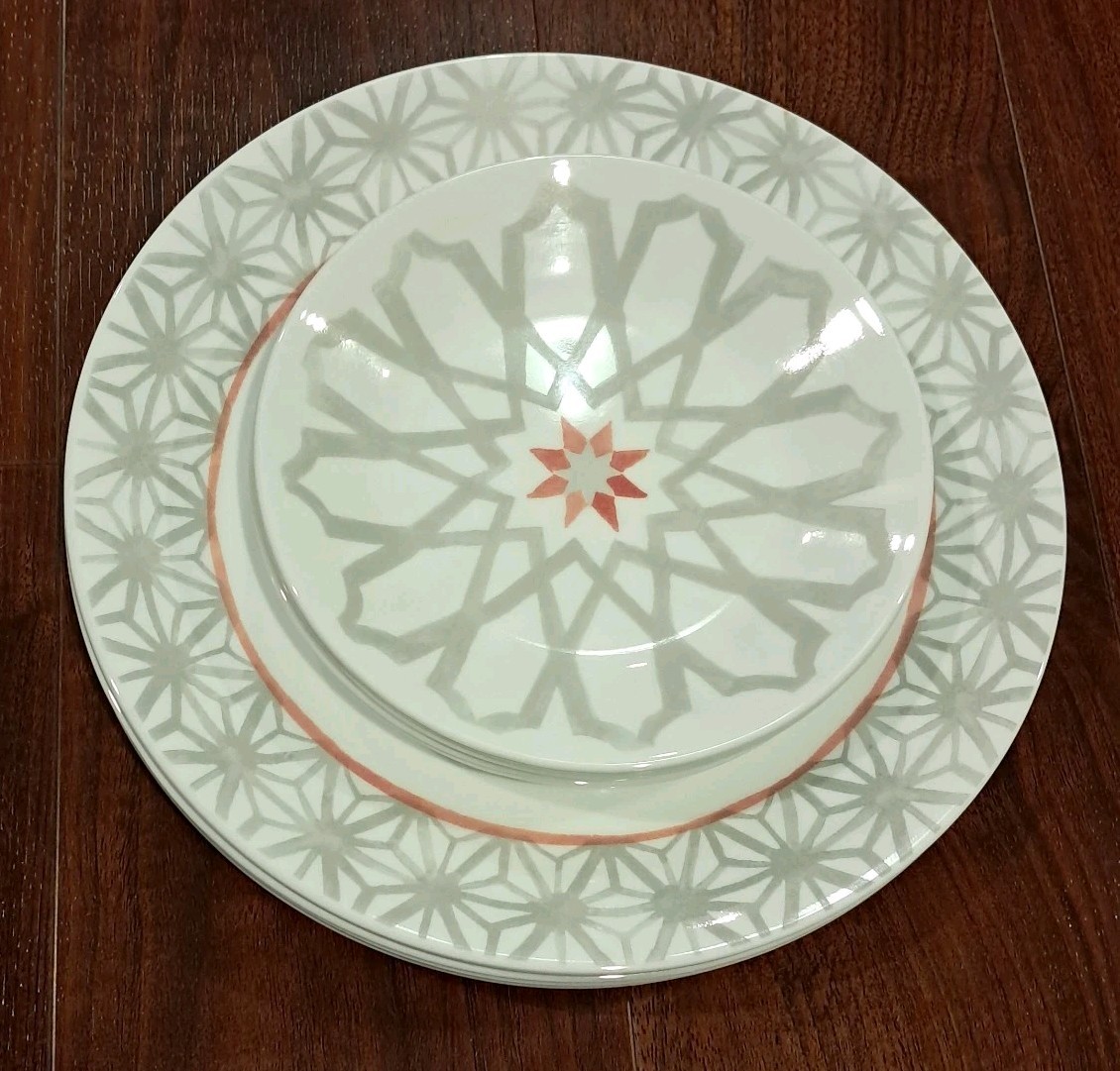 Corelle Service For 6 Amalfi Rose Mediterranean Inspired Grey w/Pink Geometrics