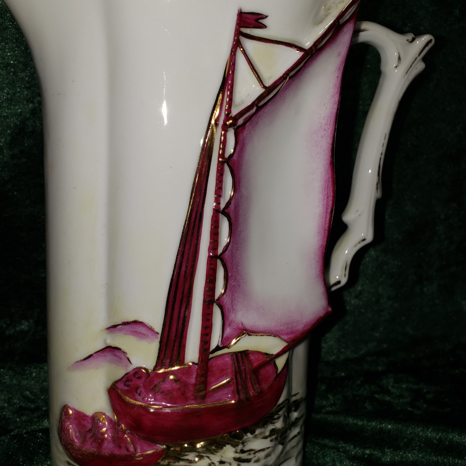 Antique Porcelain Germany Chocolate Pot Raised Sailboat 8″