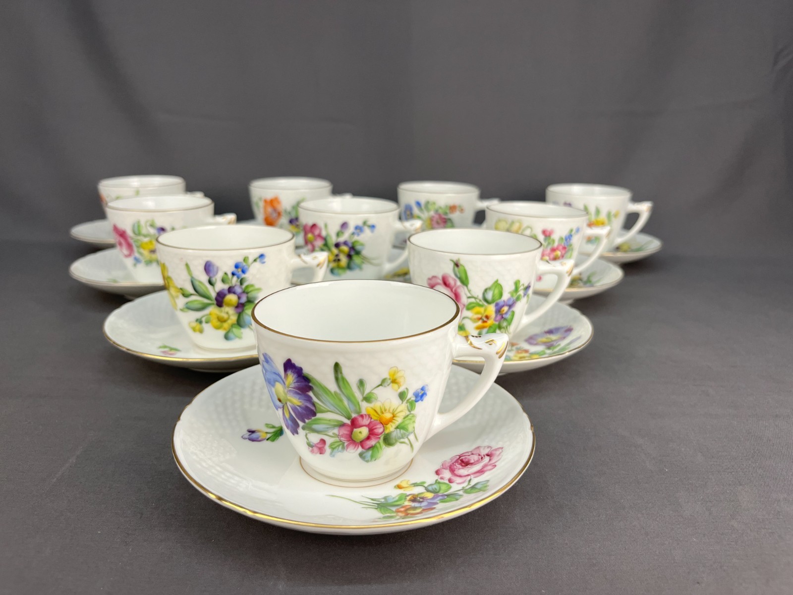 10 B&G Bing Grondahl SAXON FLOWER 2 1/2″ Flat Cup & Saucer Sets c. 1940’s : MINT