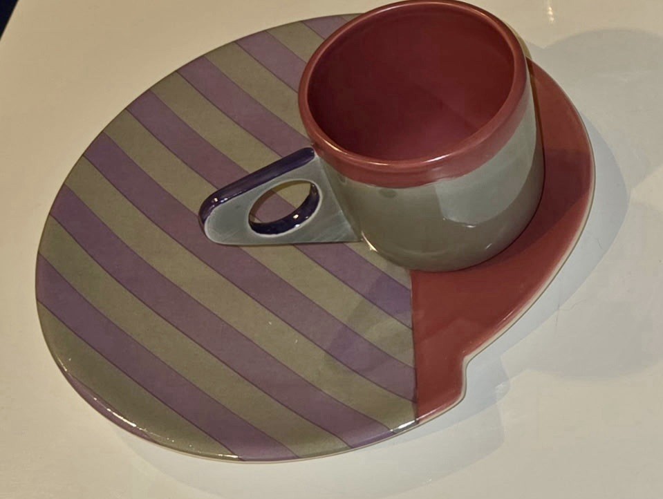 Vintage Vandor 1985 Cup/Saucer Set MidCentury Japan Pink Purple Striped Plates