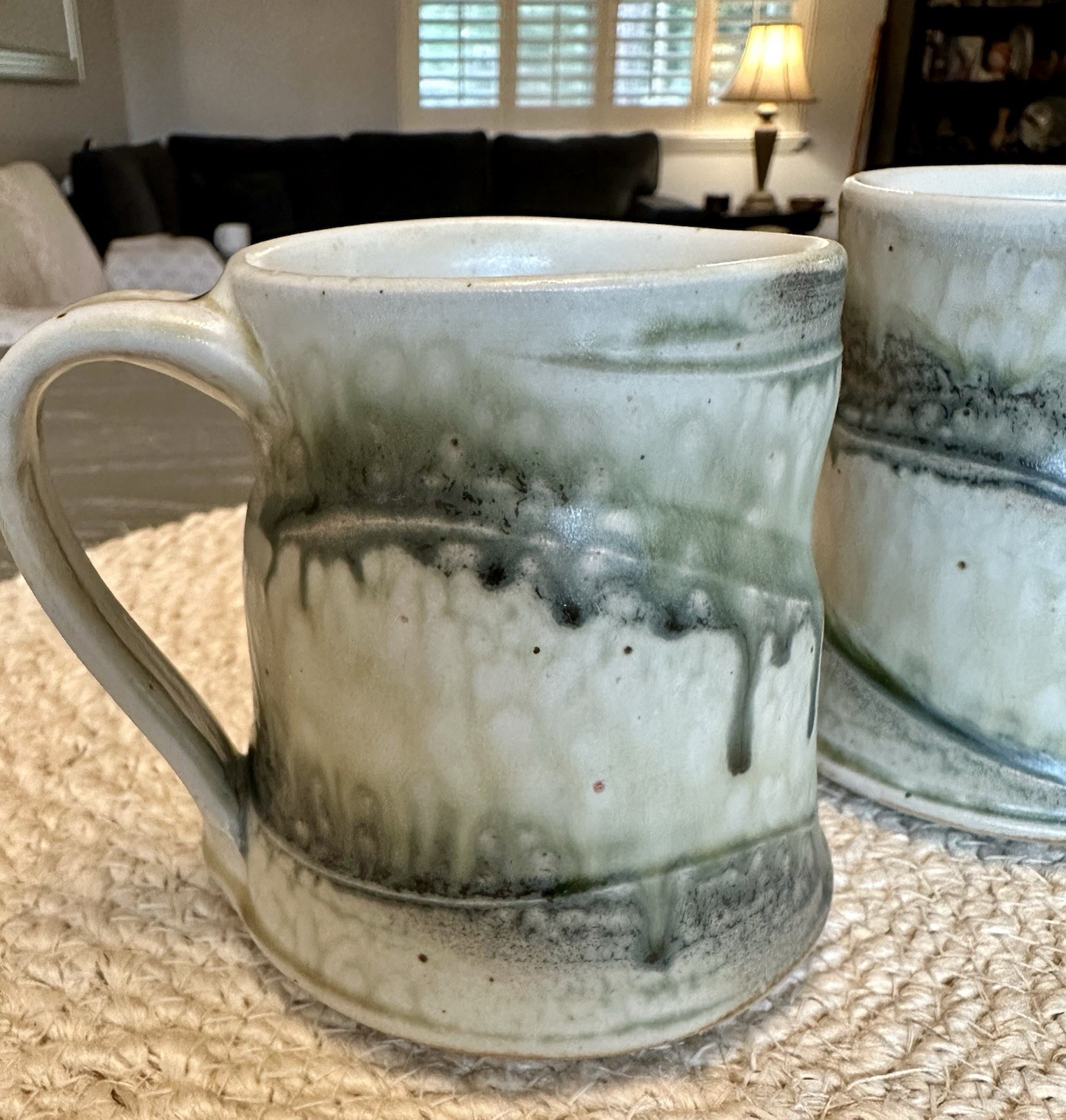 Studio Art Pottery Mugs Set Of Two Earthy Green Drip Glaze Signed Charlie Tefft