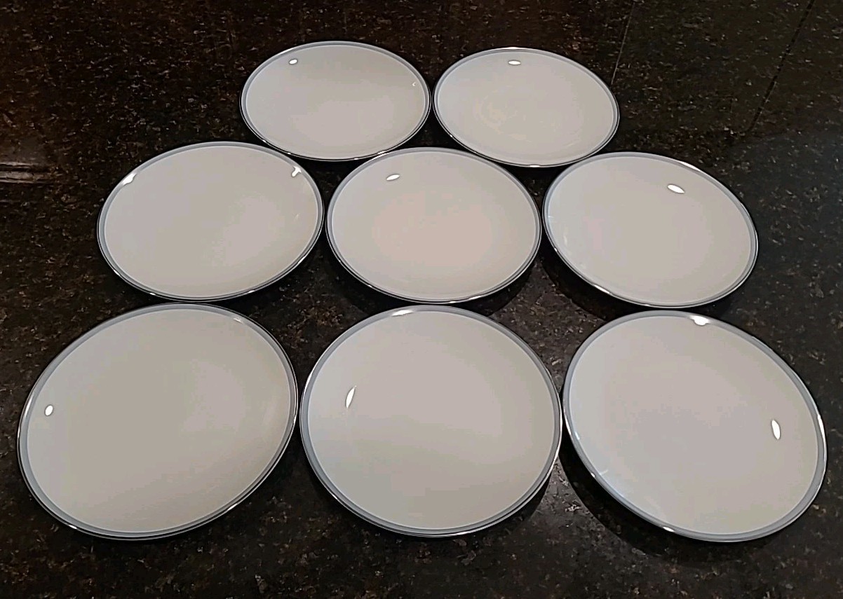 SET (8) Noritake China BLUETONE 8 1/8″ Salad Plates 6379 Japan. Blue, Platinum