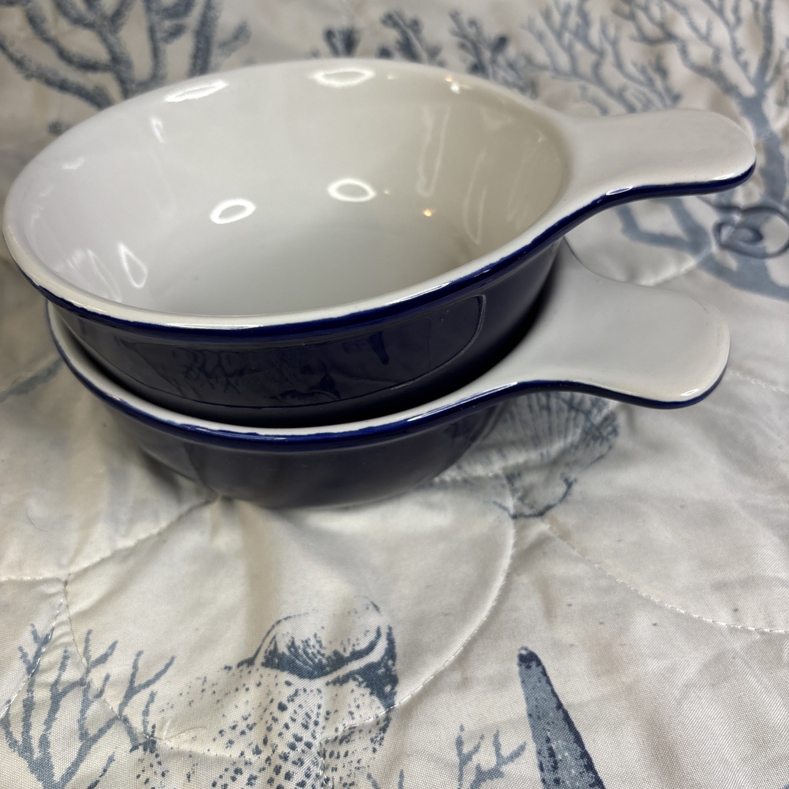 2 Navy Blue & White Interior Nesting Grab Stoneware Matching Bowls-Very Durable