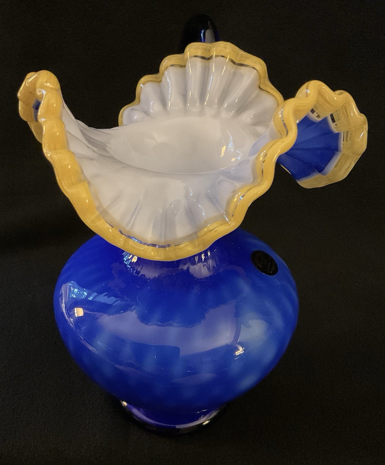 2 MCM Arte Murano Kristall Mery Cobalt Blue Pitcher W/Yellow Ruffled Rim 8.5