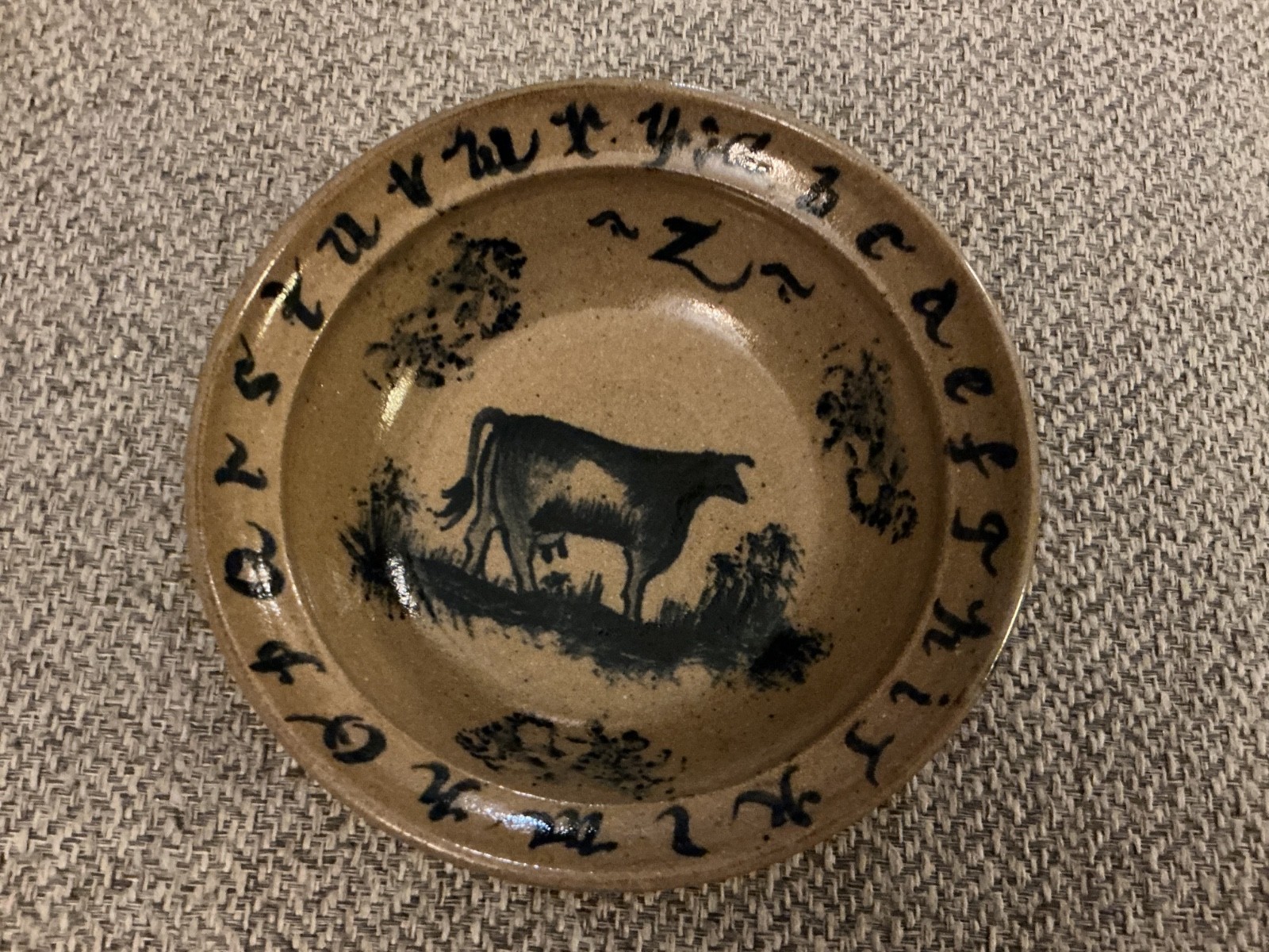 STONEWARE VINTAGE HANDMADE BOWL 1994 COW AND ALPHABET DESIGN-SIGNED