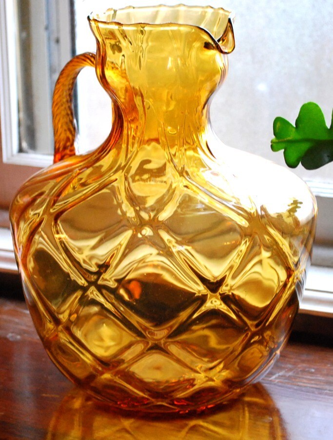 Rare EMPOLI PITCHER 1960s AMBER GLASS OPTIC DIAMOND Hand Blown 10″ Twist Handle