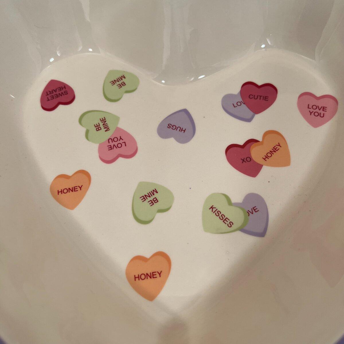 Valentines Conversation Candy Hearts Shaped 9″ Ceramic Serving Bowl Candy Snack
