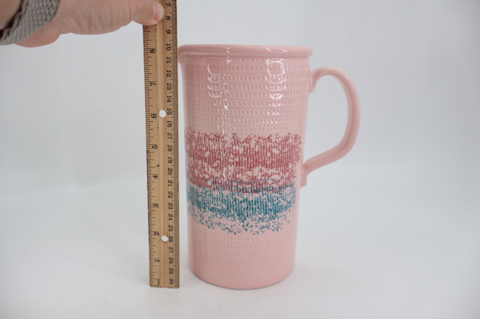 Baldelli Coriano Italy Hand Painted Ceramic Pitcher Pink Teal Stripe Textured