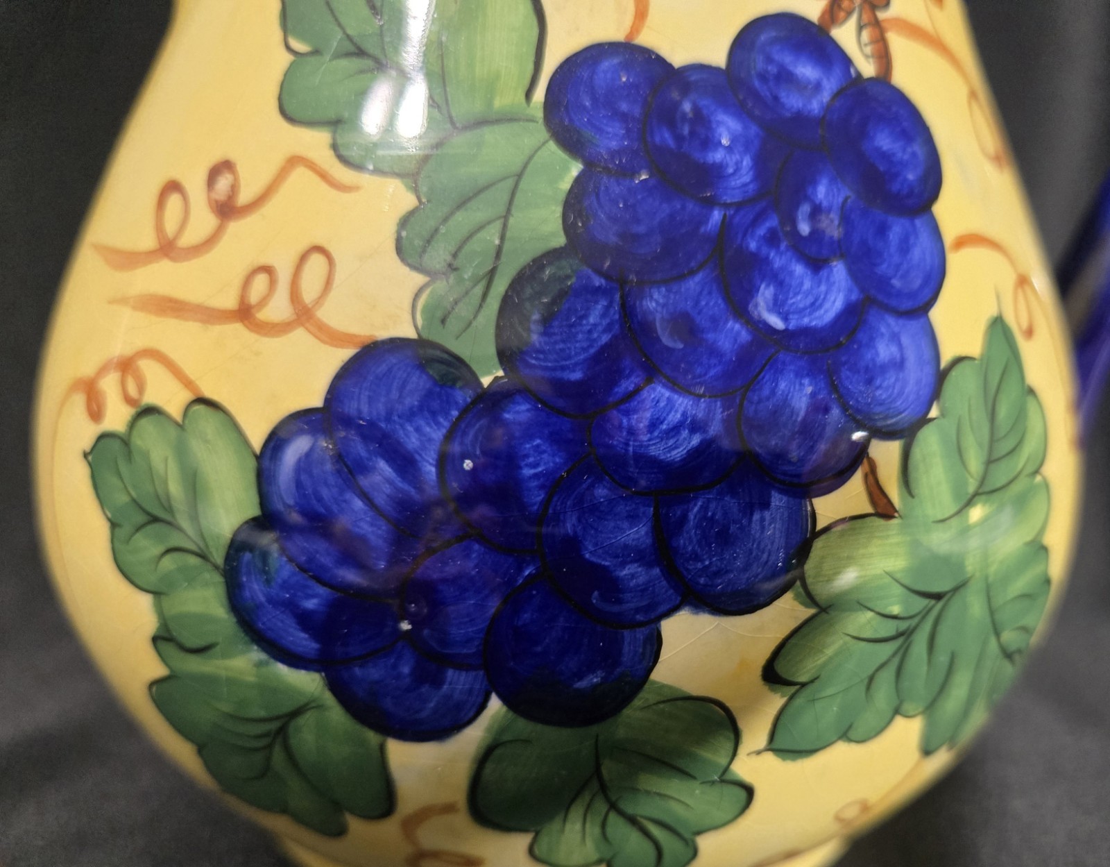 MINT VTG Pitcher With Grapes Hand Painted Rare Yellow/Cobalt Blue Braided Trim