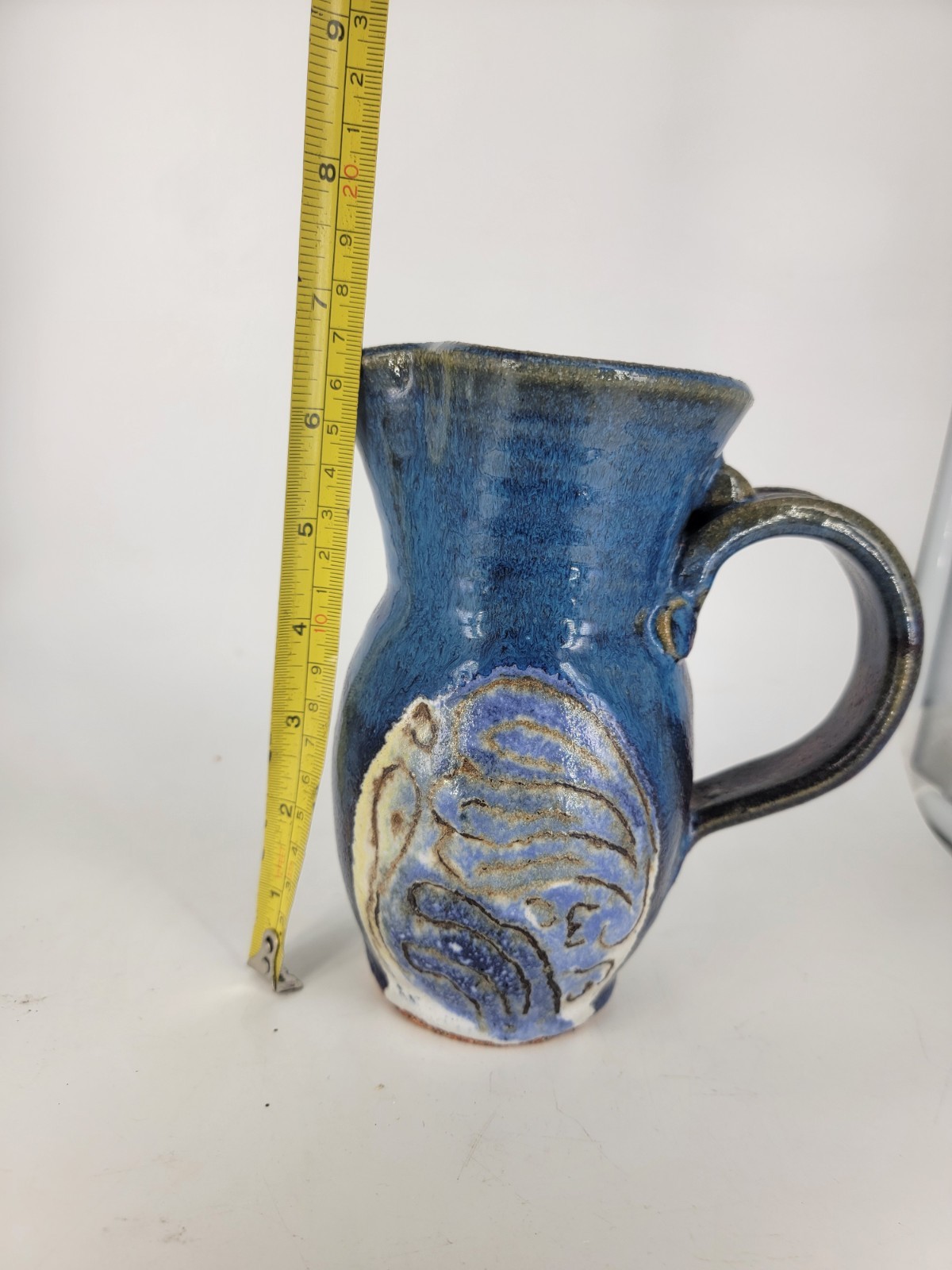 Studio Art Pottery Signed Foster Hand Thrown Jug Blue Purple Sgraffito Glazed