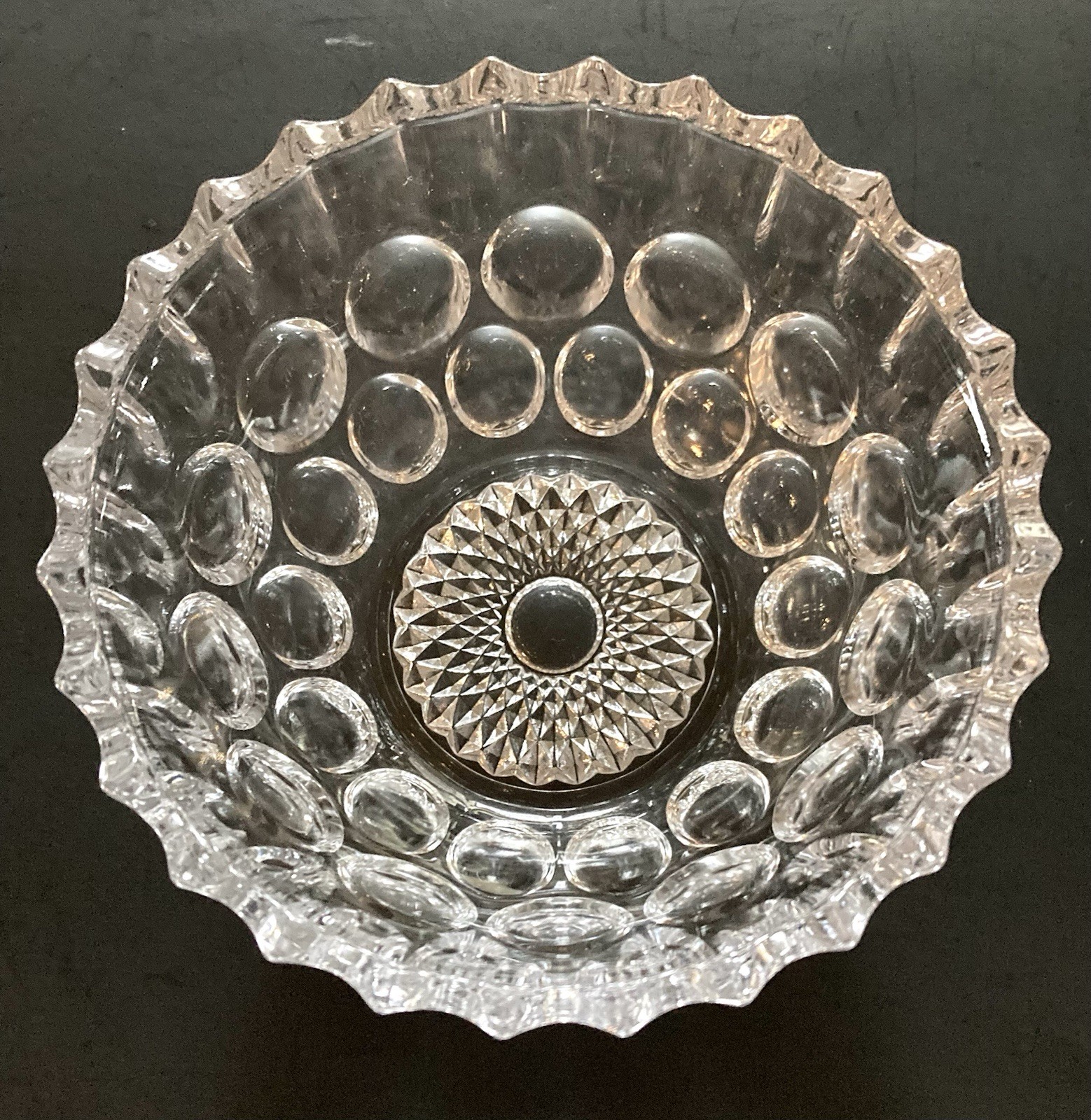 Vintage Crystal Clear Studios Bowl Thumbprint Pattern Scalloped Edge Japan 6″