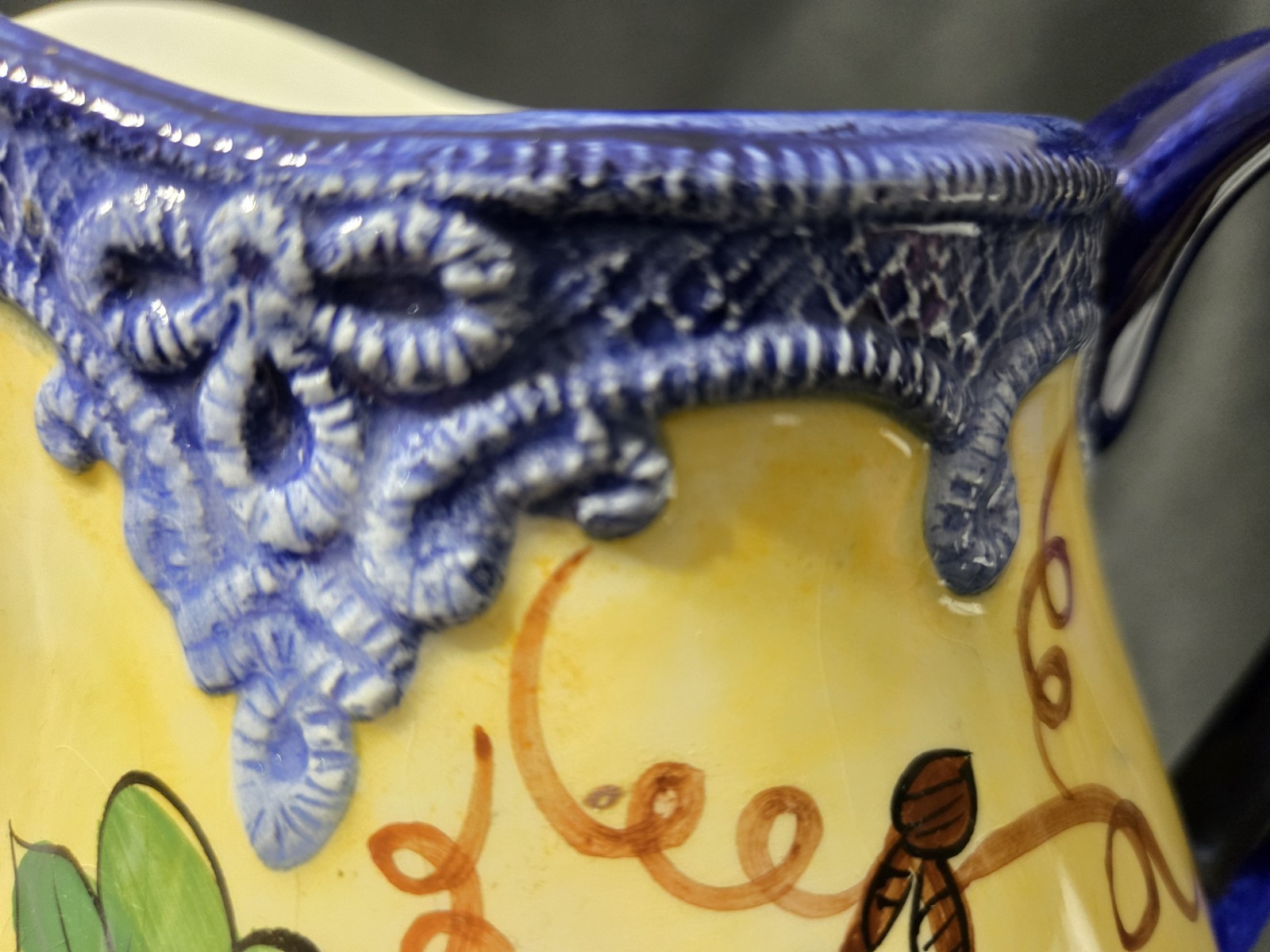 MINT VTG Pitcher With Grapes Hand Painted Rare Yellow/Cobalt Blue Braided Trim