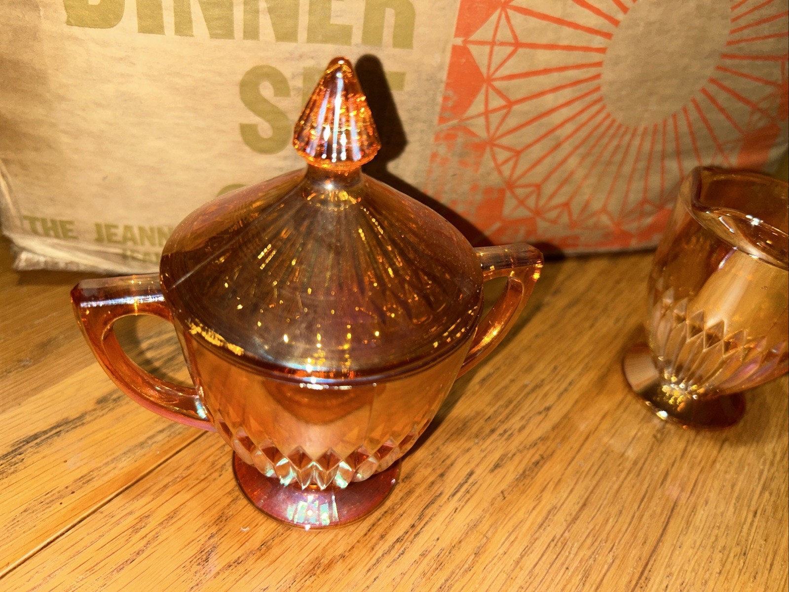 Vintage glass ware 35 Piece Set Jeannette Glass Co. Original Box gold orange