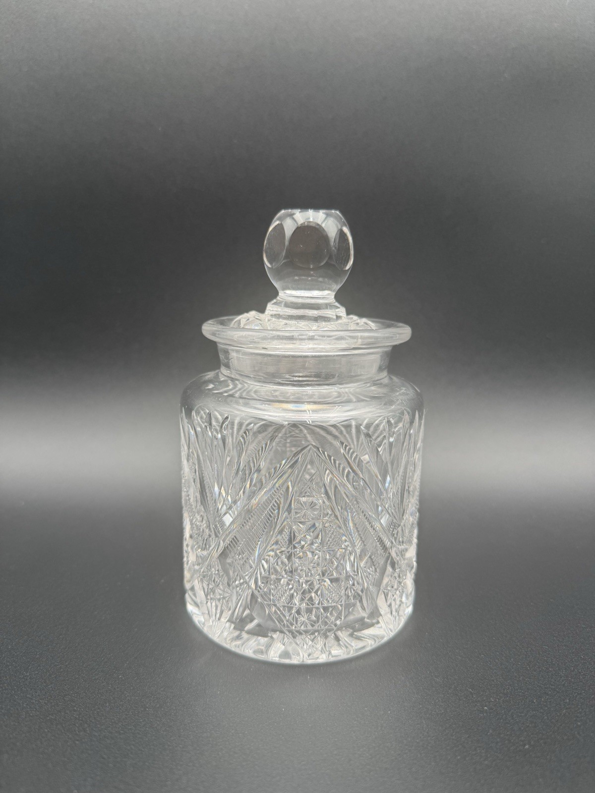 American Brilliant Period Style Cut Glass Crystal Biscuit Jar Hobstar Lidded