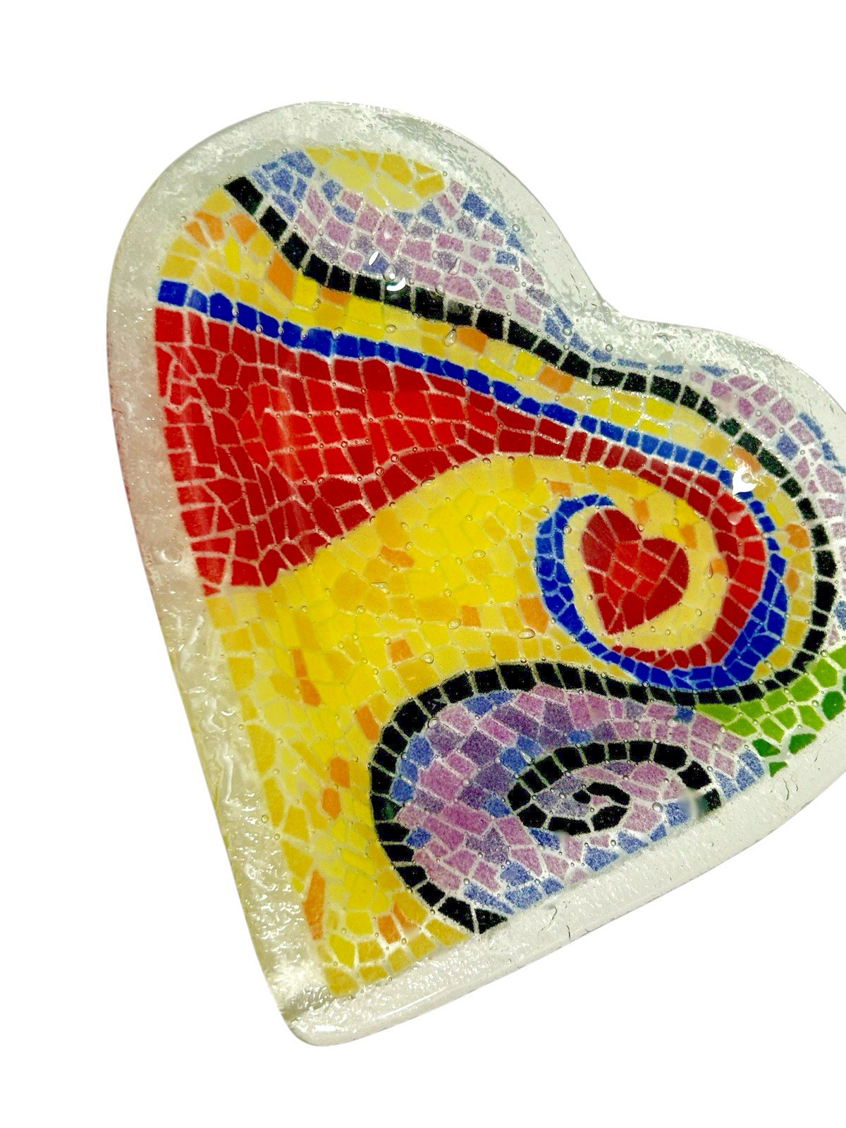 Peggy Karr 10″ It Starts at the Heart Tray Fused Art glass Signed 2004 Mosaic US