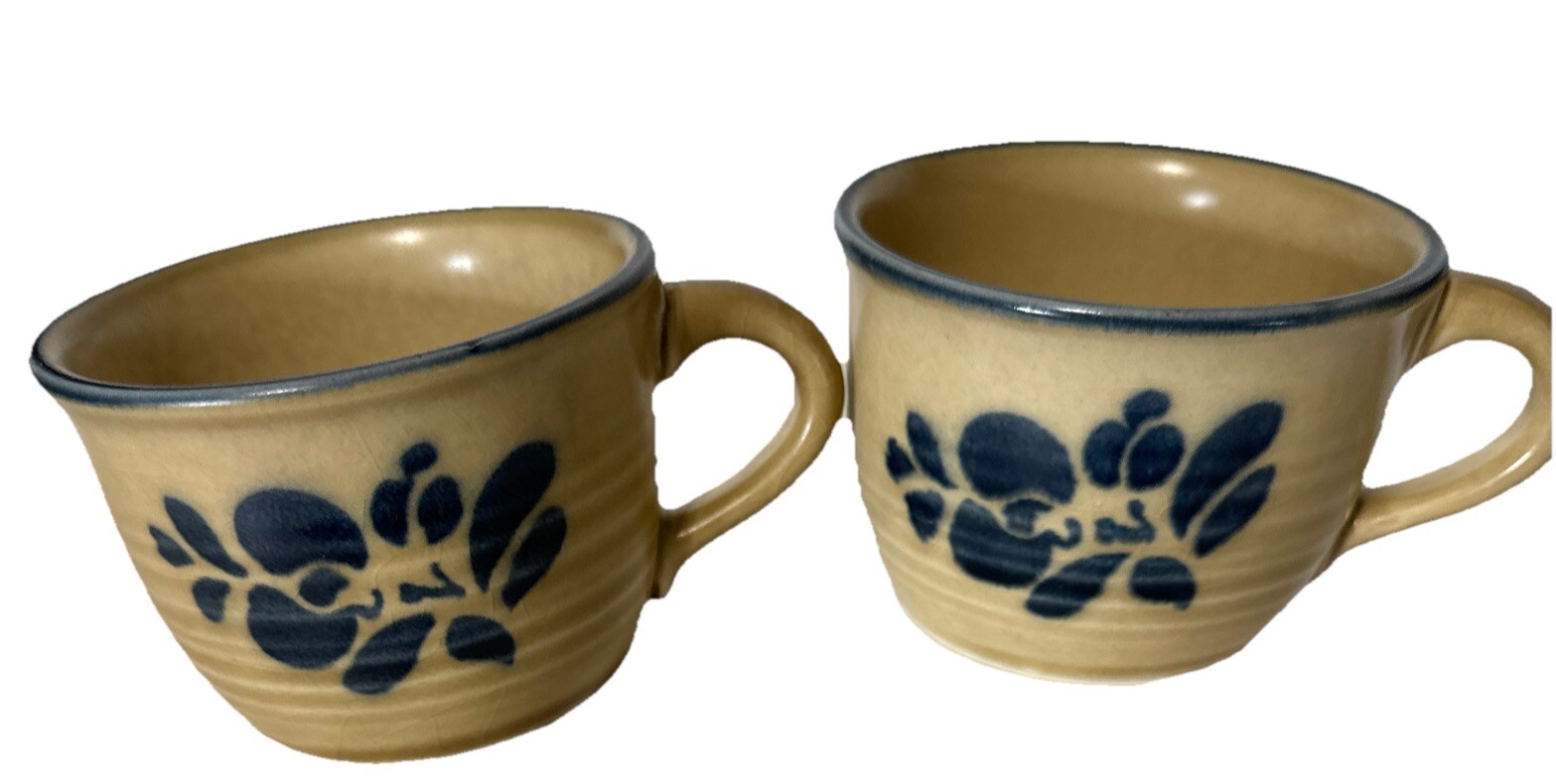 Pfaltzgraff Folk Art Coffee Tea Cups Mugs Blue Tan USA Stoneware Lot Of 2