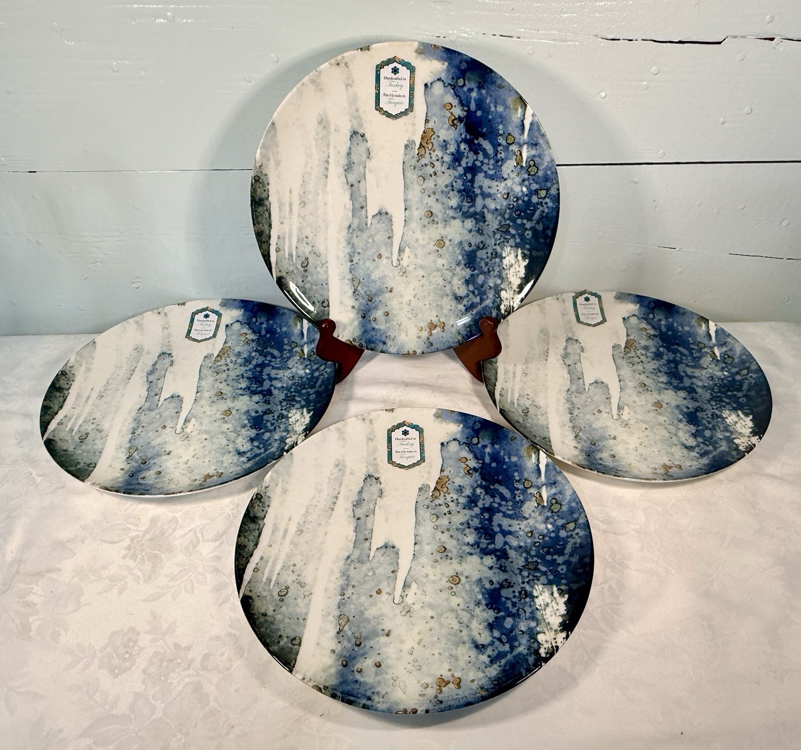 Intesa Home Blue Gold White Marble Abstract Design Dinner Plates 10.25” Set/4