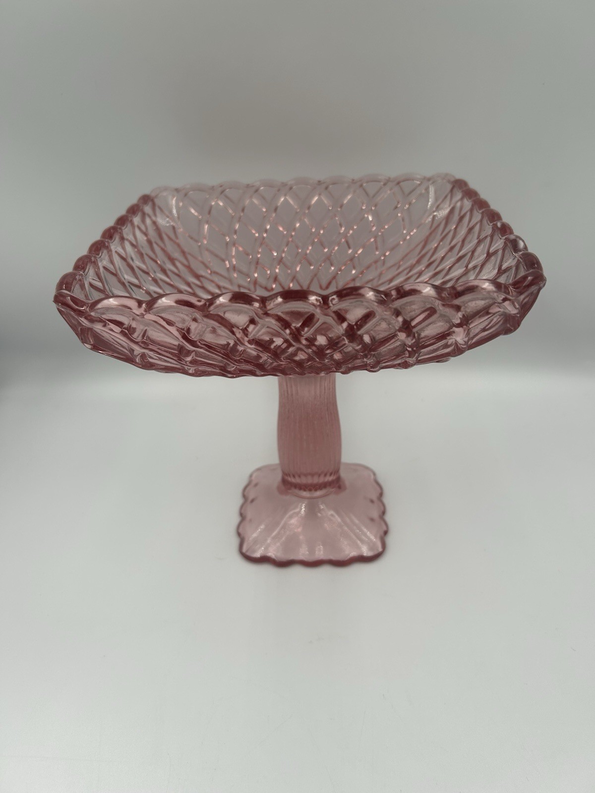 Pink Glass Square Pedestal Compote Dish, Diamond Pattern, 8 in x 8 in