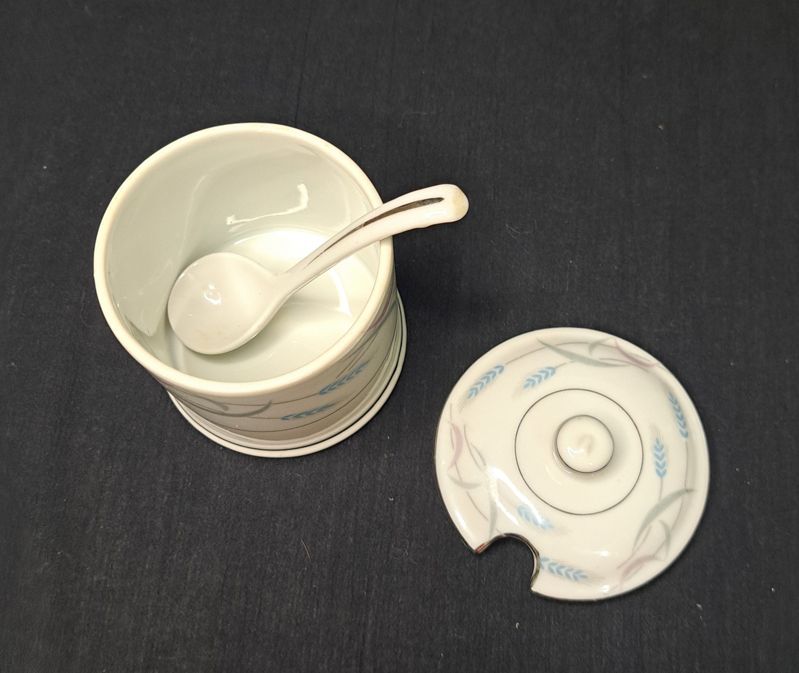 Valmont China Royal Wheat Condiment Jam Jar with Lid & Spoon Vintage