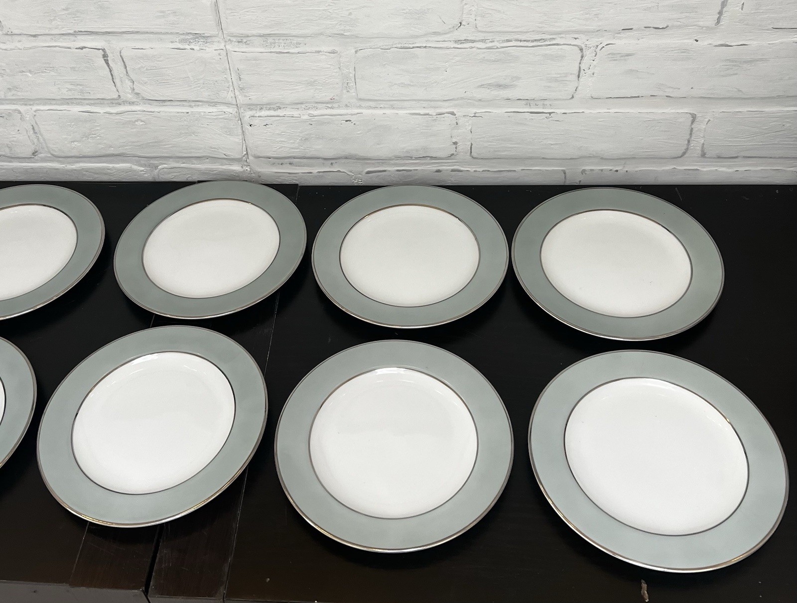 Vintage Sango Japan Sheffield Plates and Saucers Celadon Silver Rim- 22 Pc Lot