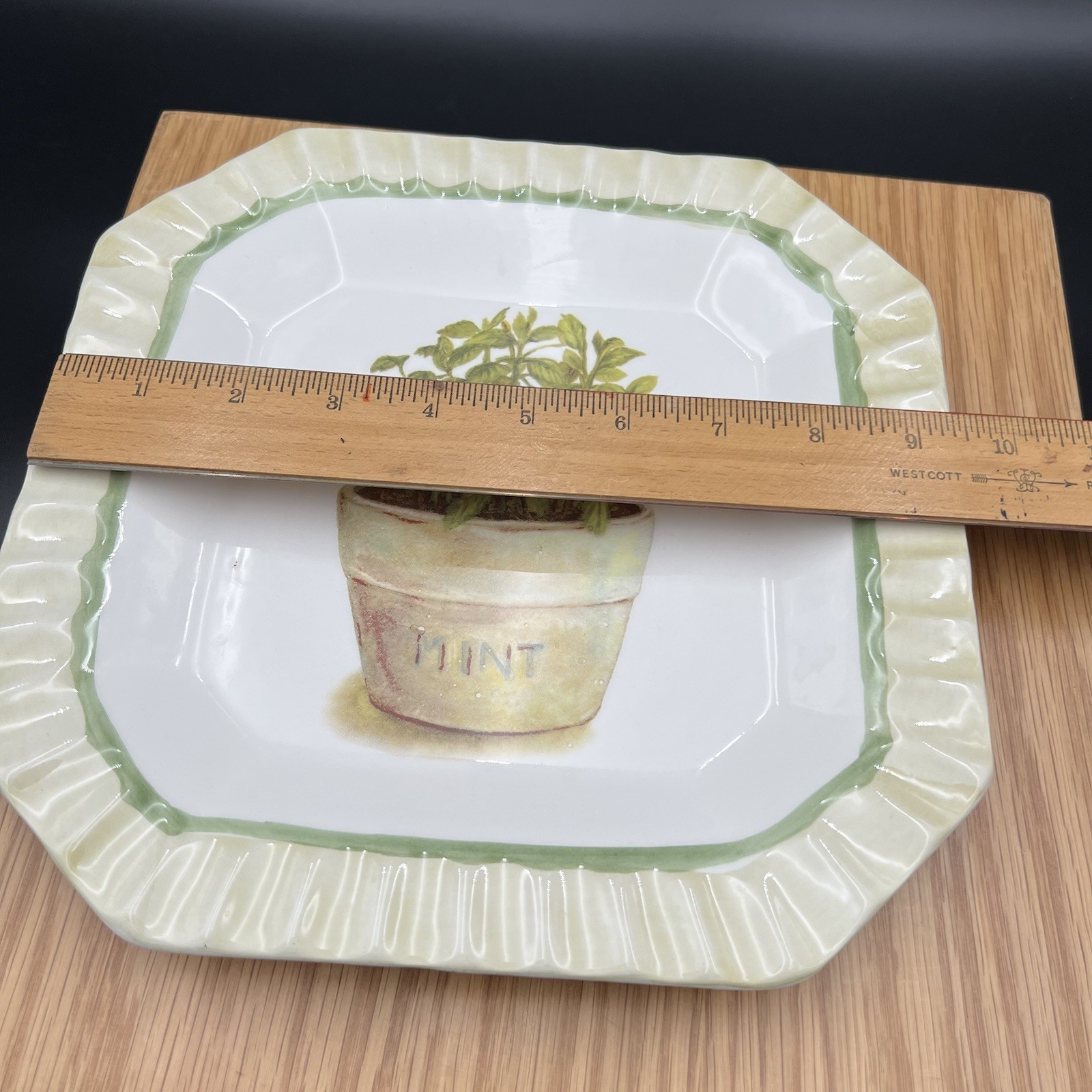 Vintage Ceramica Due Torri Mint Herb Plate Square 9” Italy Set of 2