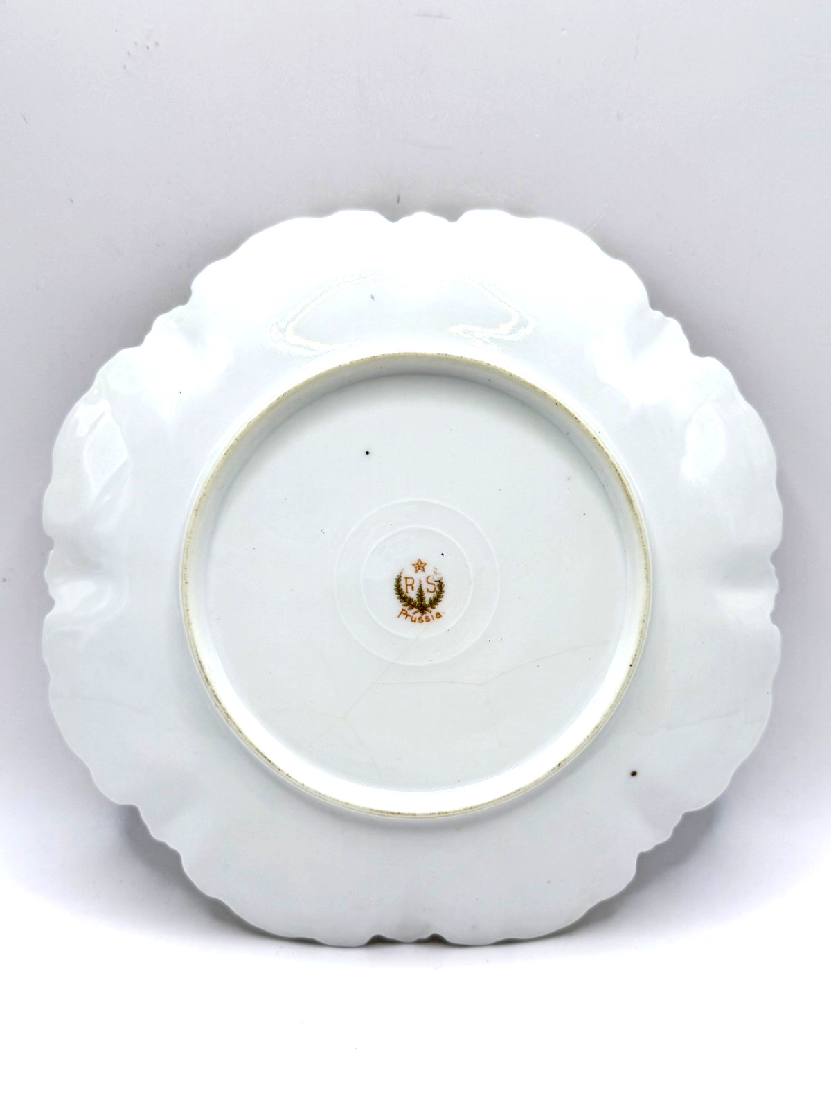 Antique RS Prussia Porcelain Plate Pink Roses Green Gold Molded Leaf 7.75″