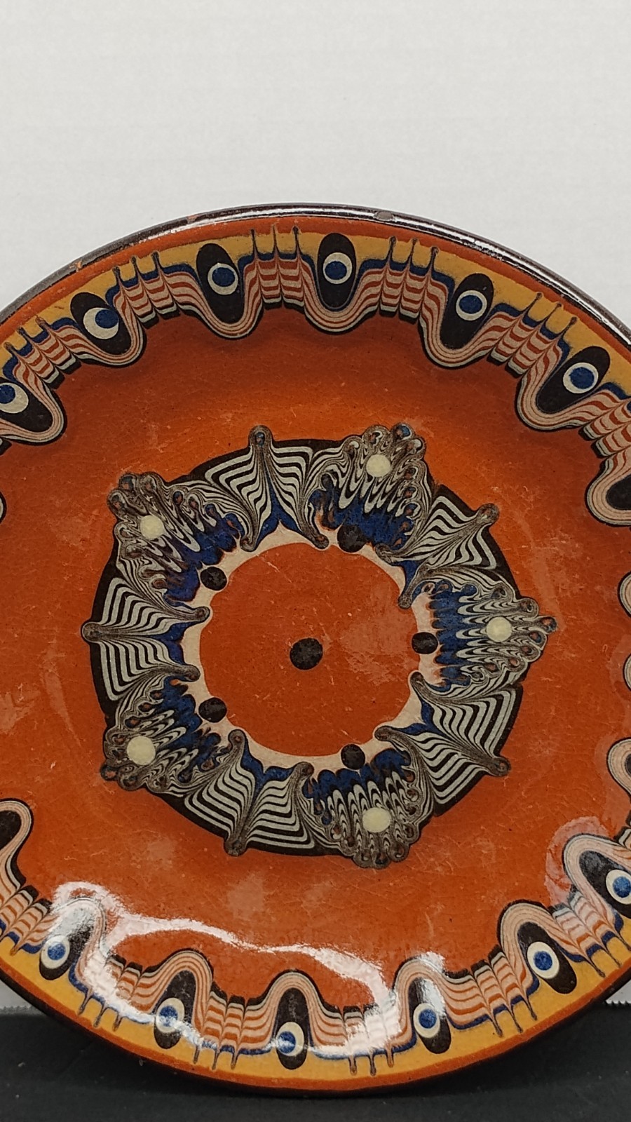 Vintage Redware Feather Peacock Eye Pottery Plate Troyan Bulgaria
