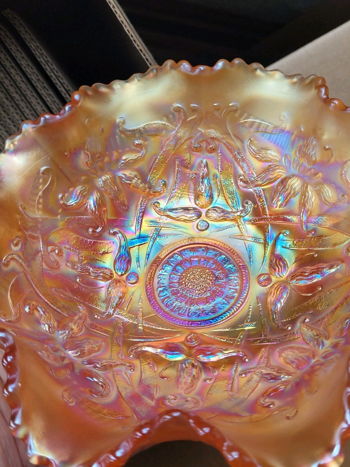 Super Pretty Marigold Northwood Carnival Glass Wishbone Bowl Ruffles n Rings EX.