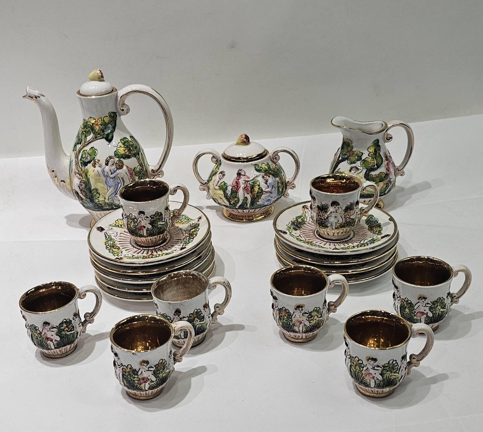 Capodimonte Italy Demitasse Coffee Set for 8 Cup & Saucer Cherubs Cupids Gold