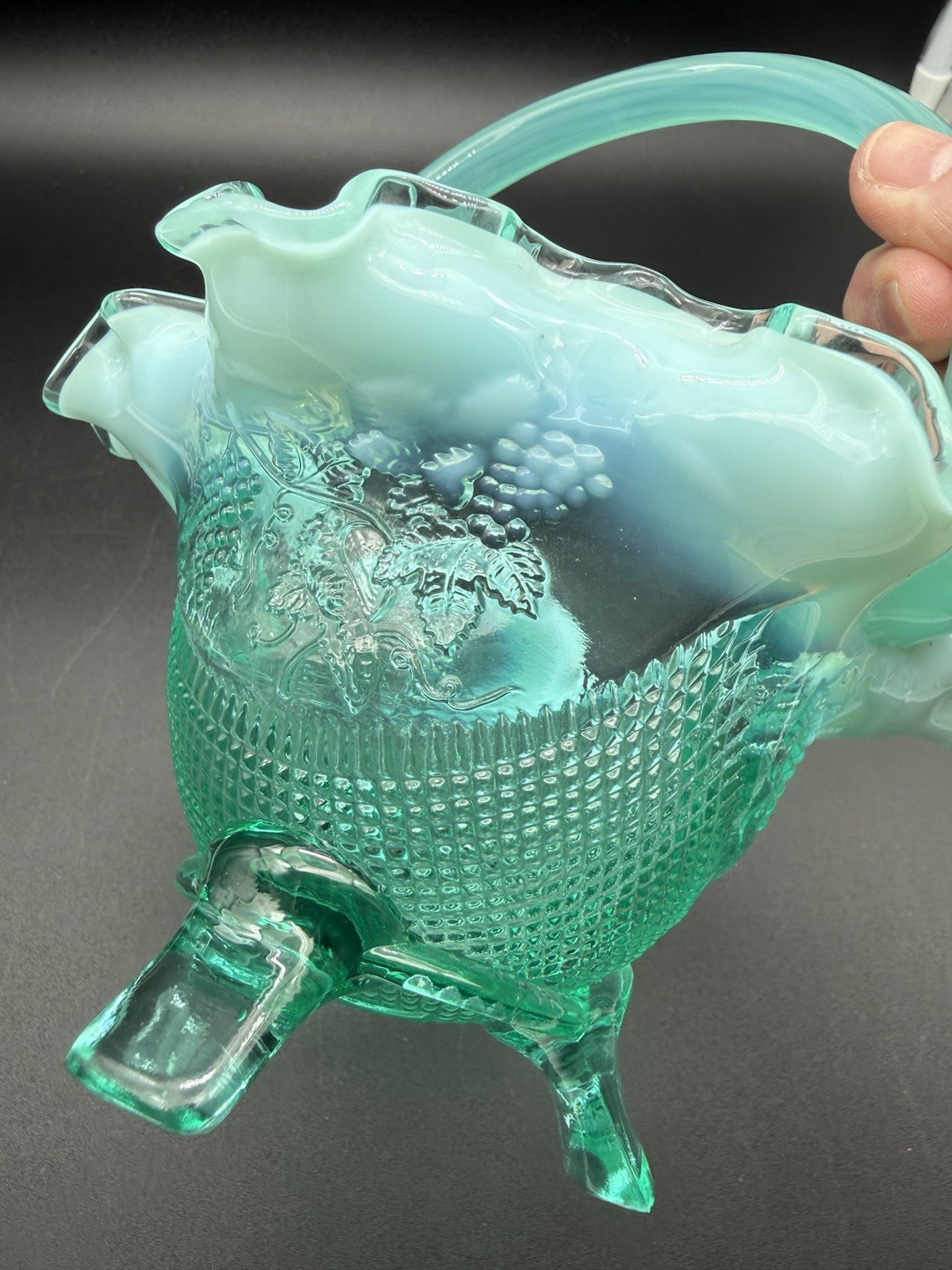 Fenton Three Toed Footed Basket Dish Bowl Aqua Blue Opalescent Grapevines