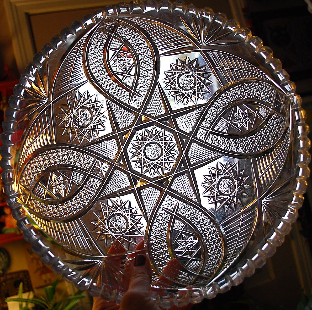 Antique ABP American Brilliant Period HOBSTAR CANE Hand Cut CRYSTAL BOWL 11.75″