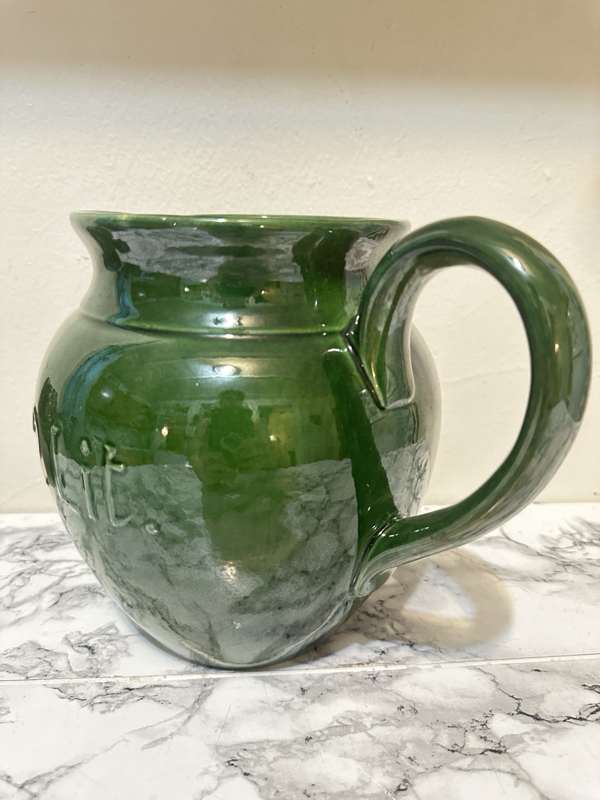 Williams Sonoma Dark Green Embossed 2 Liter Pitcher Ceramic Made In Italy Nice