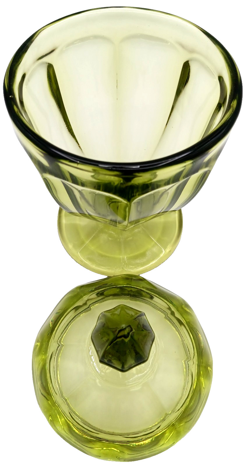 L E Smith? 7.8″ Paneled Olive Green Compote Candy Dish & Matching Lid w/Finial