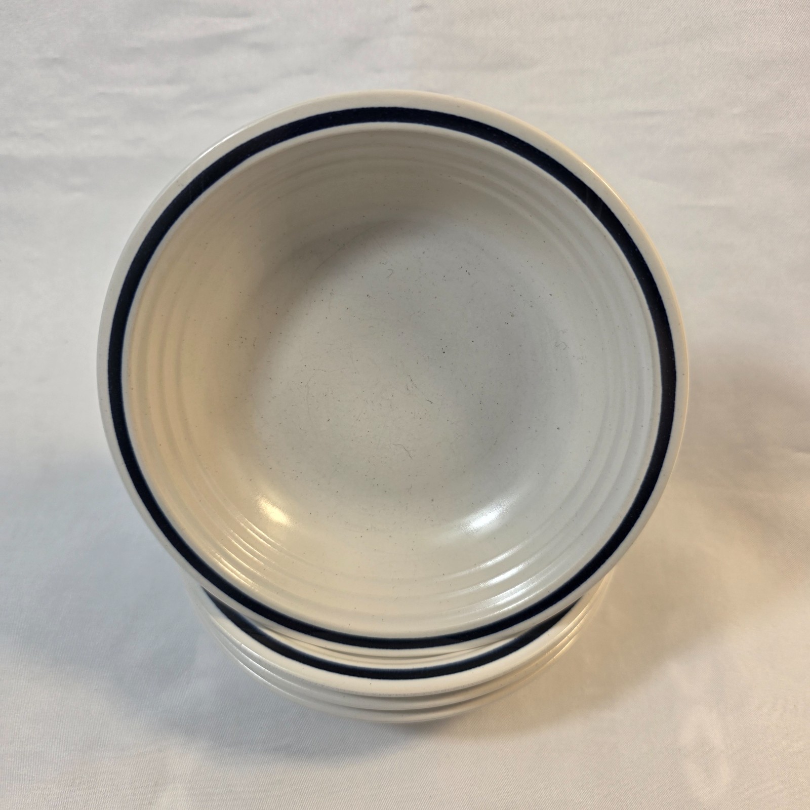 FOUR Town & Country Blue Ridge Fruit Bowls White with Blue Ring on Rim