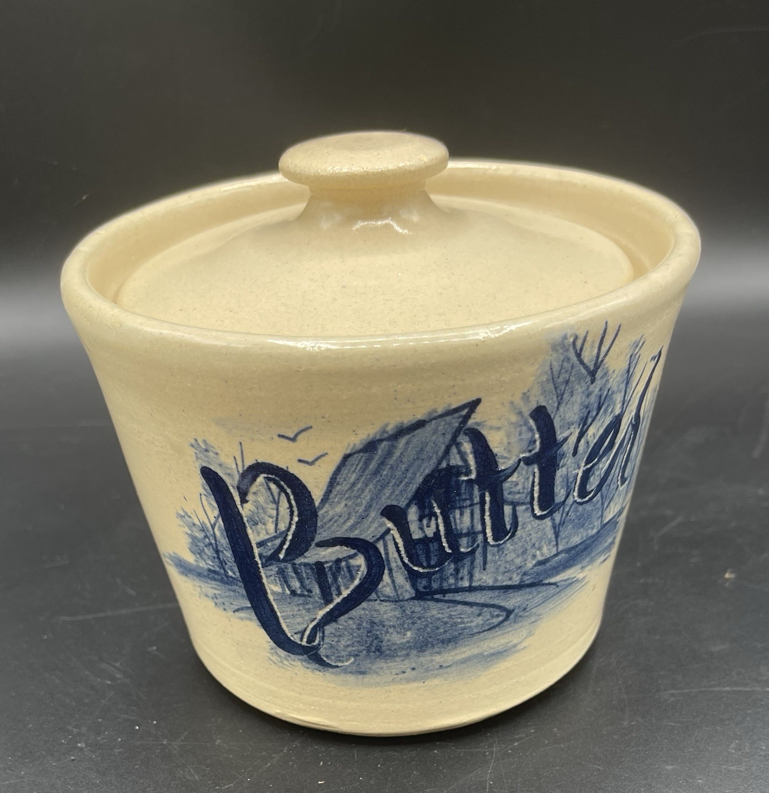 P.R. Storie Pottery Covered Bridge Butter Crock With Lid, Blue Glaze, Art Scene