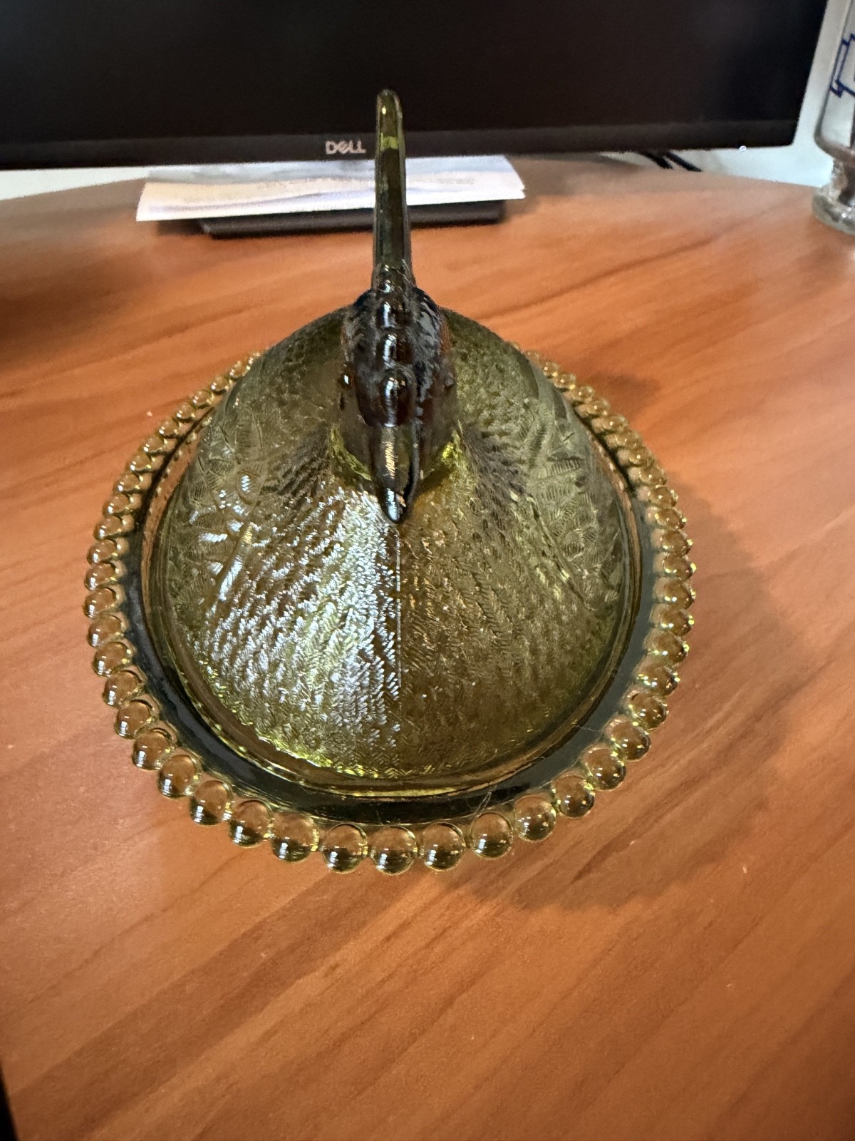 VTG * Indiana Glass * GREEN * Hen On Nest Covered Candy Dish * Carnival