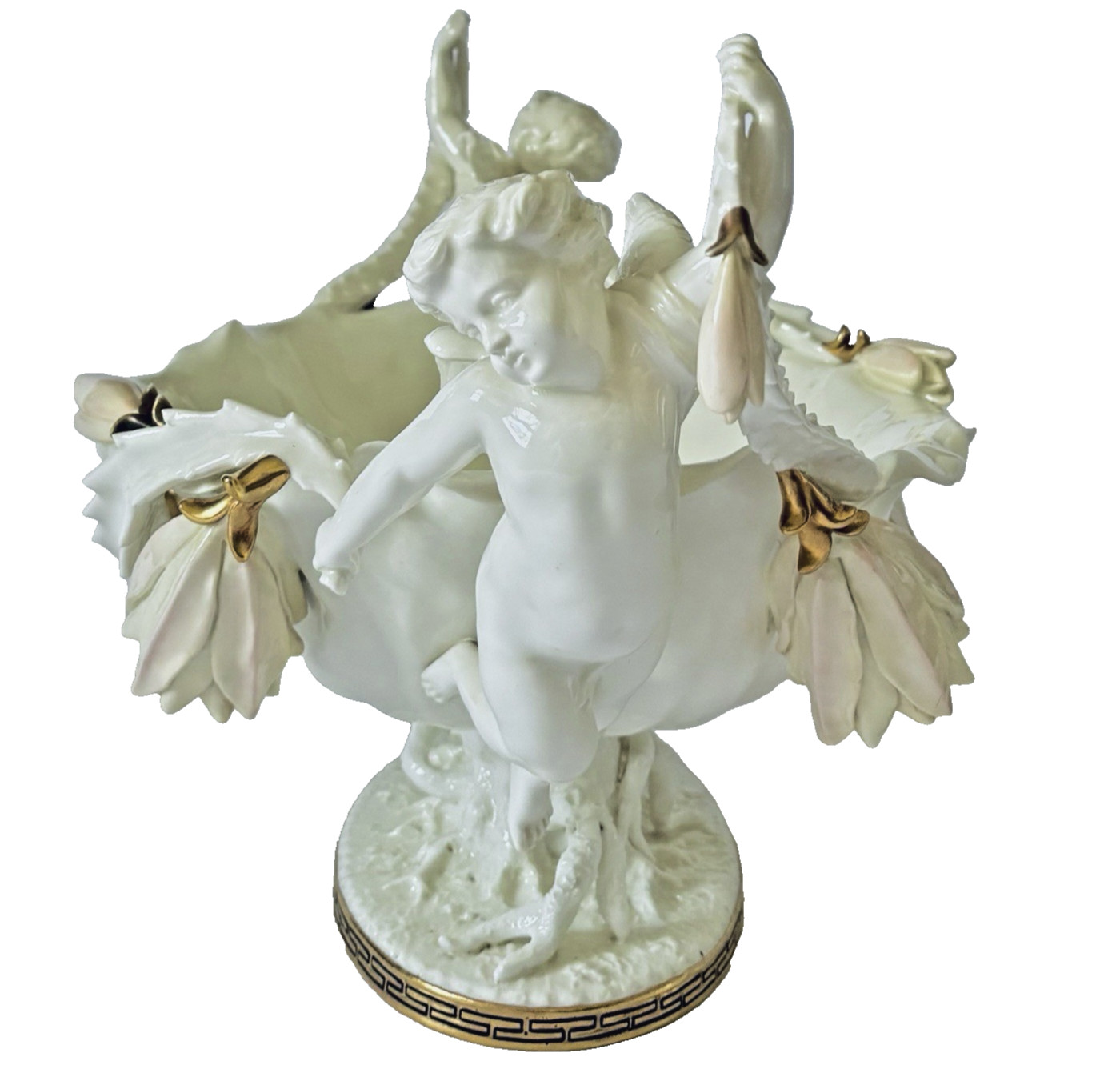 Antique Moore Bros. English Porcelain Cactus Flower Double Cherub Centerpiece