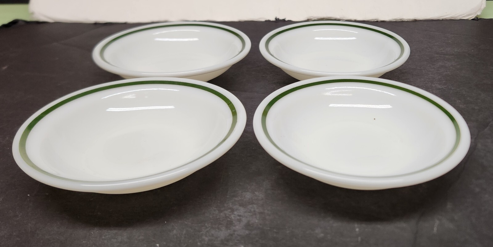 4 Pyrex Double Tough White w/Green Stripe Fruit/Berry Bowls Corning Ware