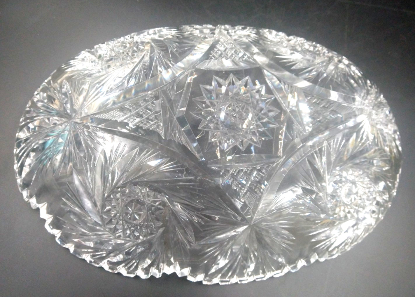 Antique American Brilliant ABP cut crystal Oval bowl Dish swirling star 12″